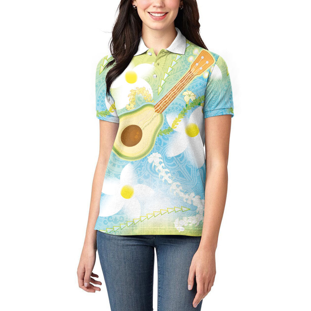 Hawaiian Ukulele Avocado Women Polo Shirt Leis and Polynesian Pattern