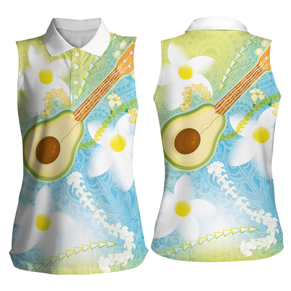 Hawaiian Ukulele Avocado Women Sleeveless Polo Shirt Leis and Polynesian Pattern