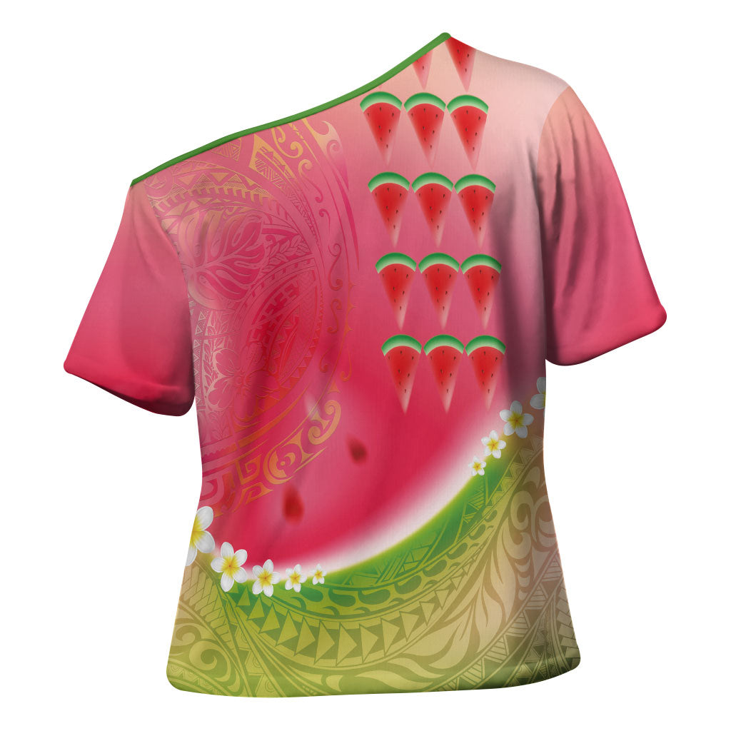 Hawaiian Watermelon Cross Shoulder Shirt with Kakau Art Tattoo