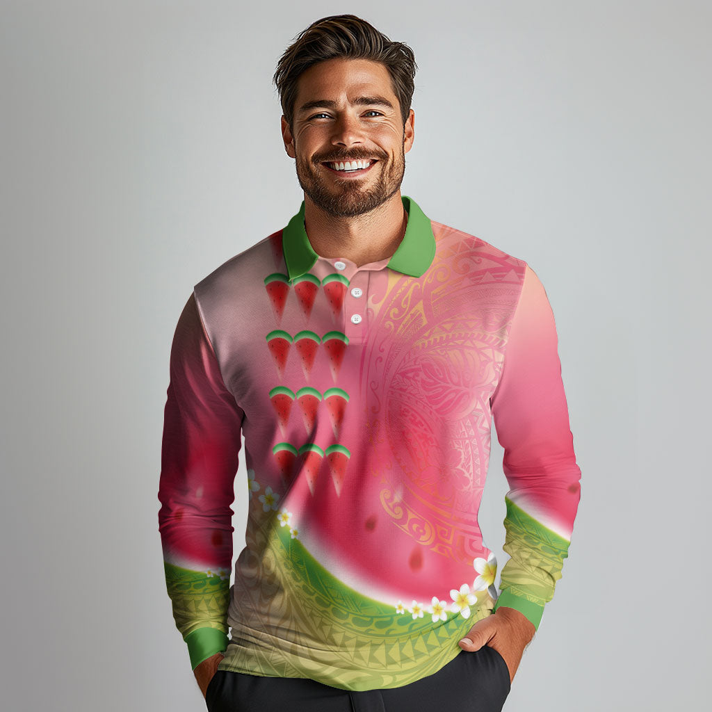 Hawaiian Watermelon Long Sleeve Polo Shirt with Kakau Art Tattoo