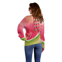 Hawaiian Watermelon Off Shoulder Sweater with Kakau Art Tattoo