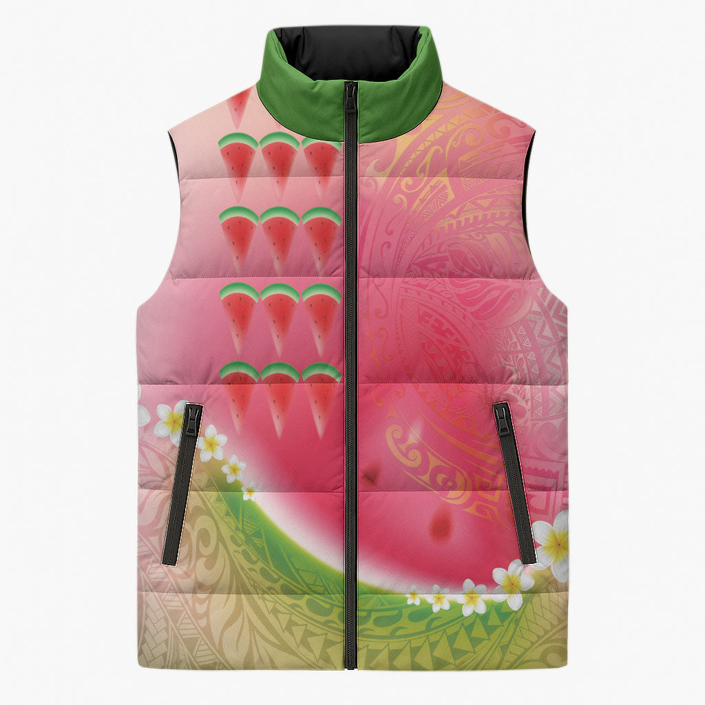 Hawaiian Watermelon Sleeveless Puffer Jacket with Kakau Art Tattoo
