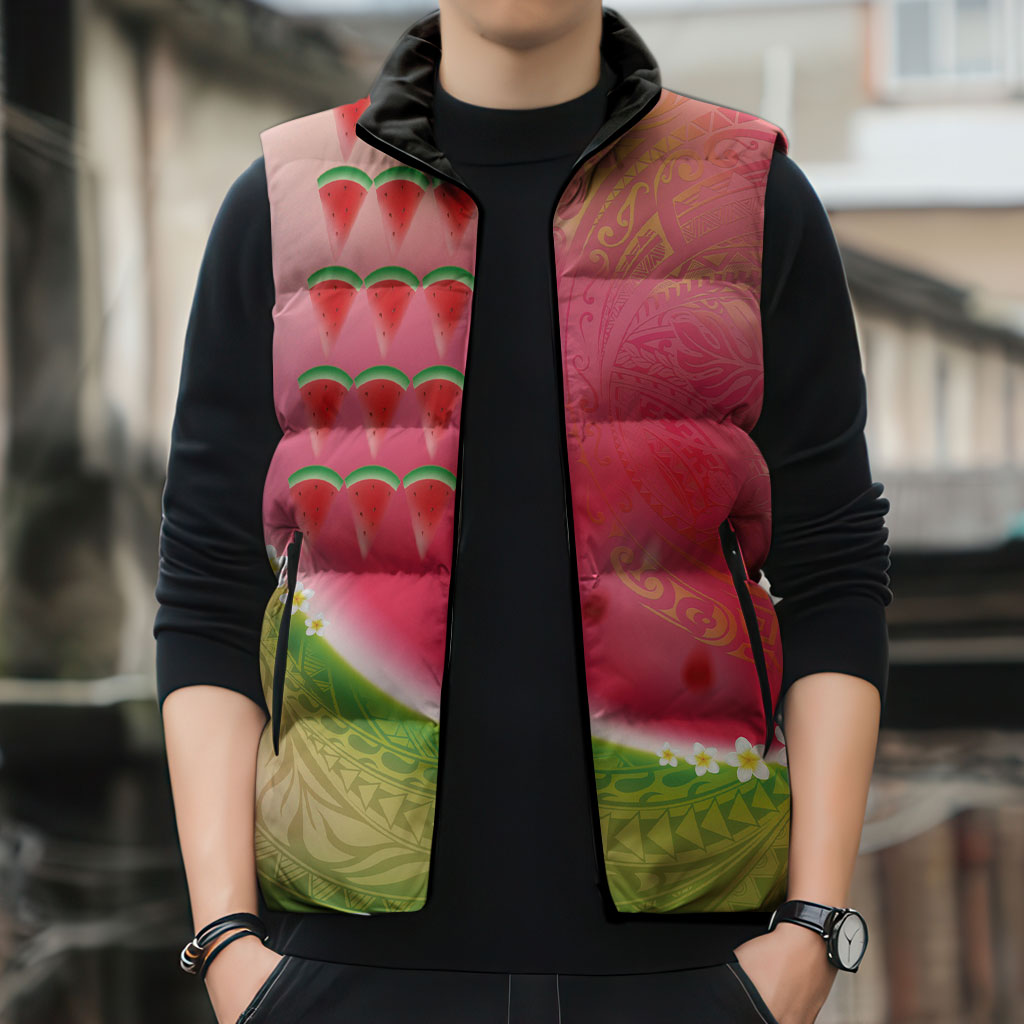 Hawaiian Watermelon Sleeveless Puffer Jacket with Kakau Art Tattoo