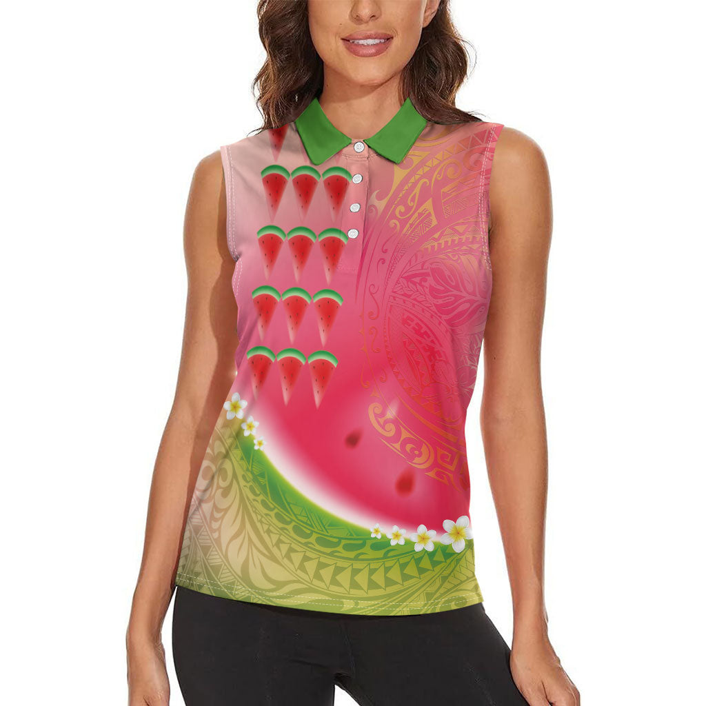 Hawaiian Watermelon Women Sleeveless Polo Shirt with Kakau Art Tattoo