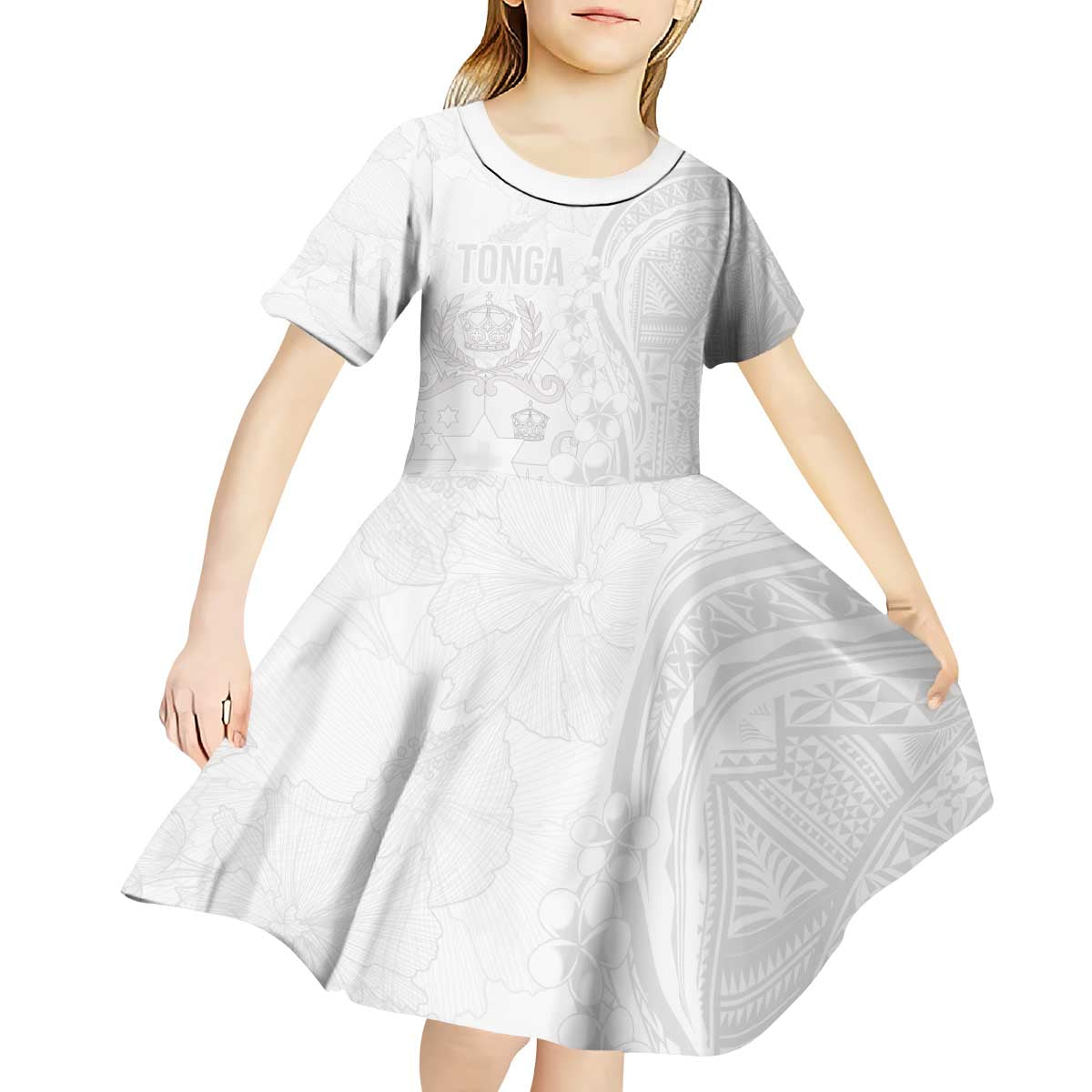 Tonga Faka Sepitema Kid Short Sleeve Dress Ngatu Pattern with Plumeria and Hibiscus