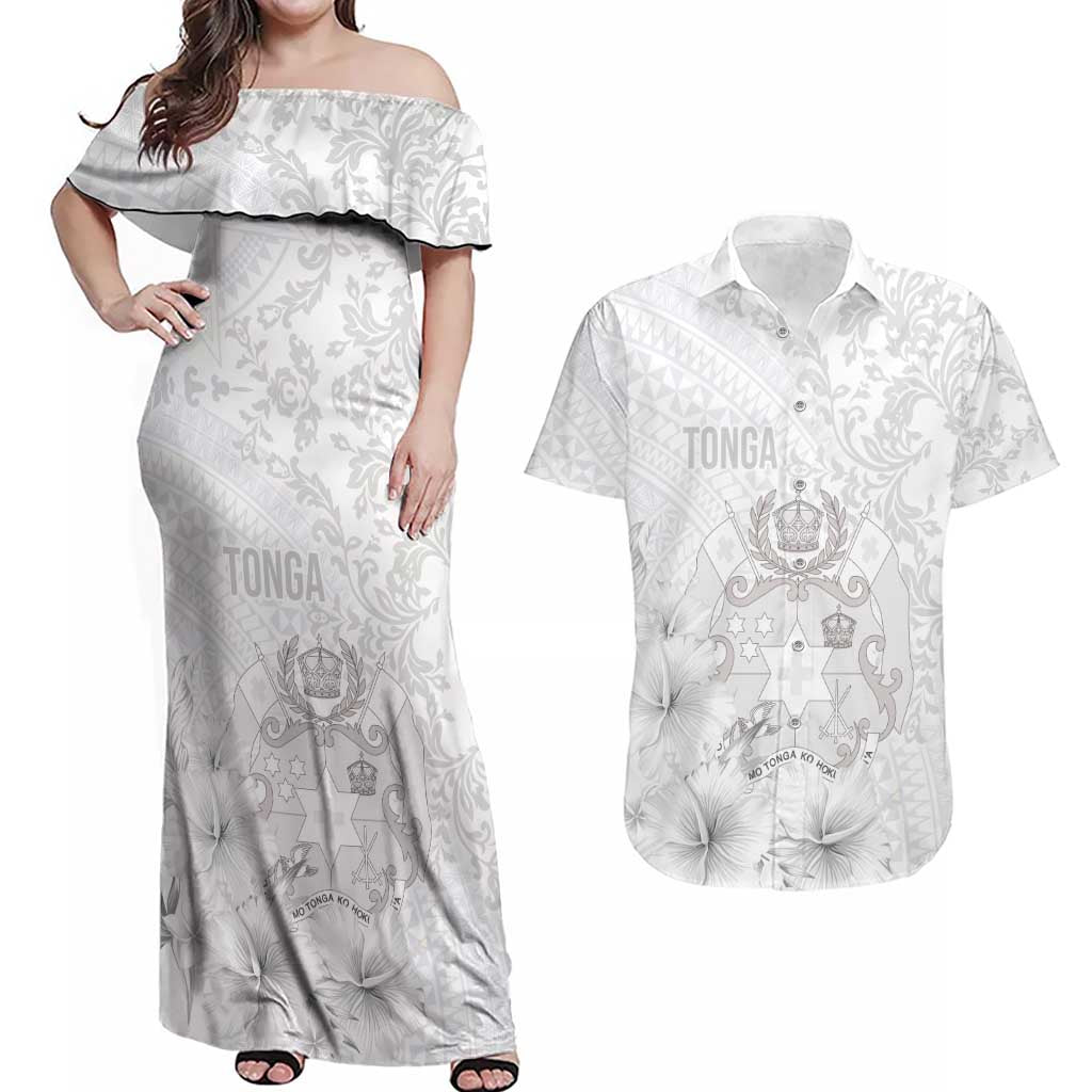 Tonga Faka Sepitema Couples Matching Off Shoulder Maxi Dress and Hawaiian Shirt Ngatu and Floral Pattern with Blooming Hibiscus LT03 White - Polynesian Pride