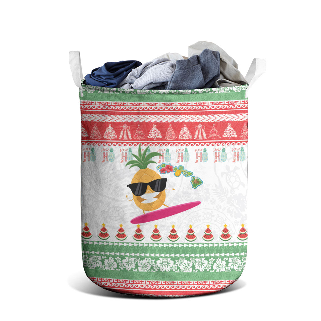 Hawaiian Mele Kalikimaka Laundry Basket Funny Pineapple Surfing with Map Christmas Stripe Elements LT03 - Polynesian Pride