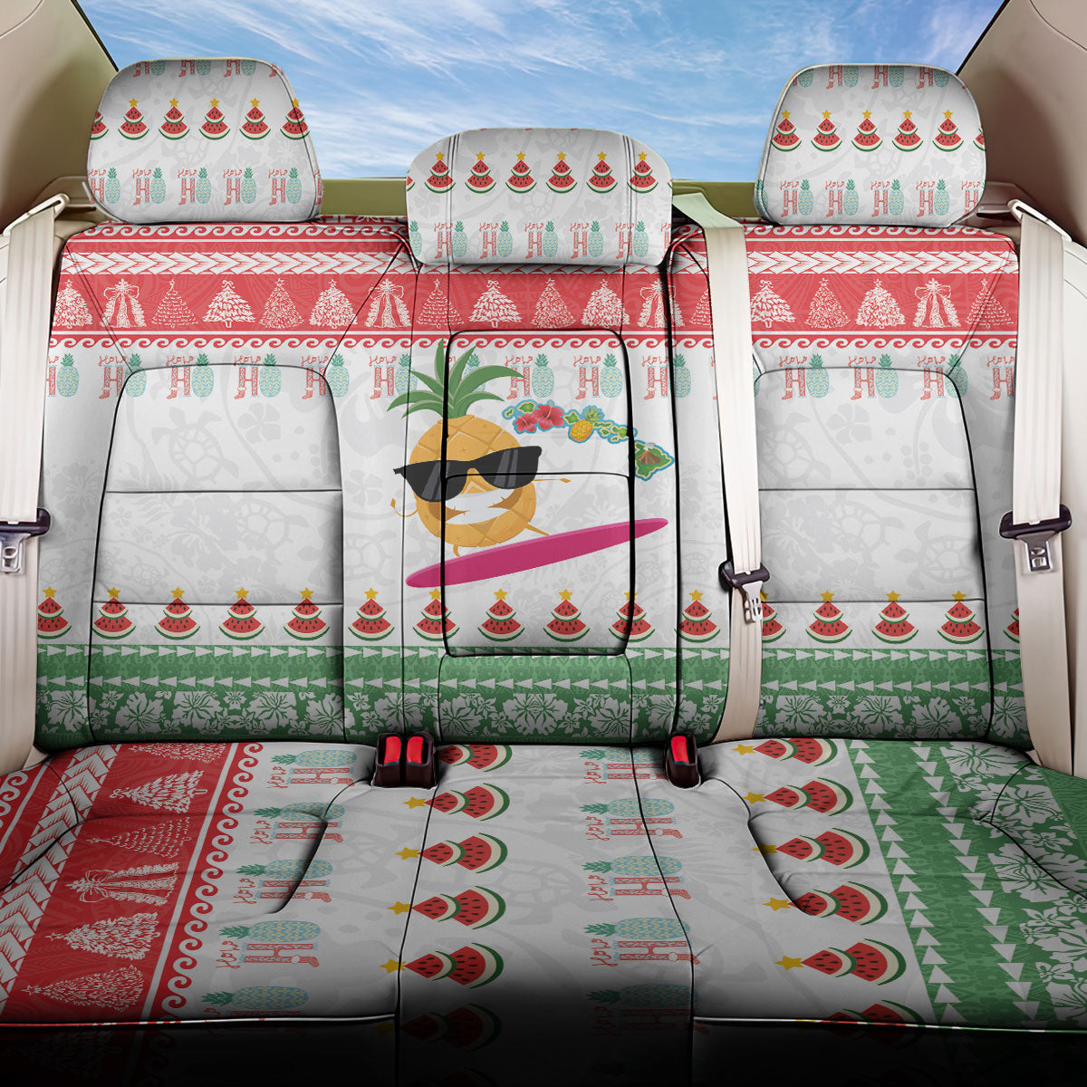 Hawaiian Mele Kalikimaka Back Car Seat Cover Funny Pineapple Surfing with Map Christmas Stripe Elements LT03 One Size Multicolor - Polynesian Pride