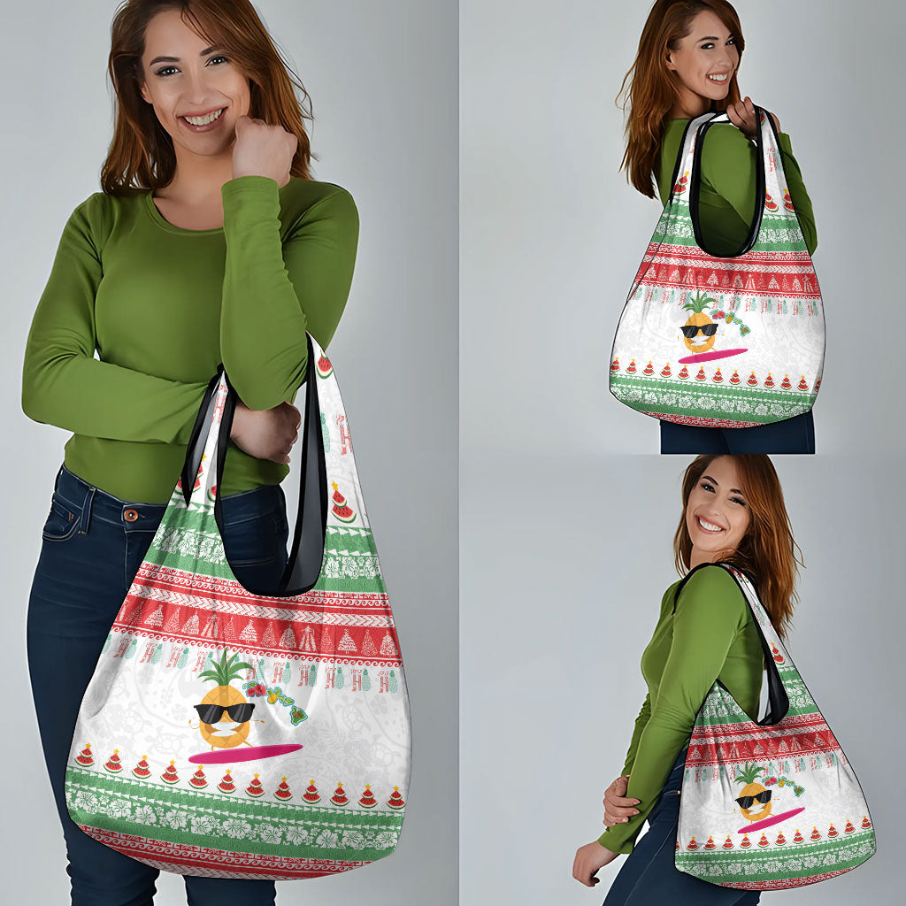 Hawaiian Mele Kalikimaka Grocery Bag Funny Pineapple Surfing with Map Christmas Stripe Elements LT03 - Polynesian Pride