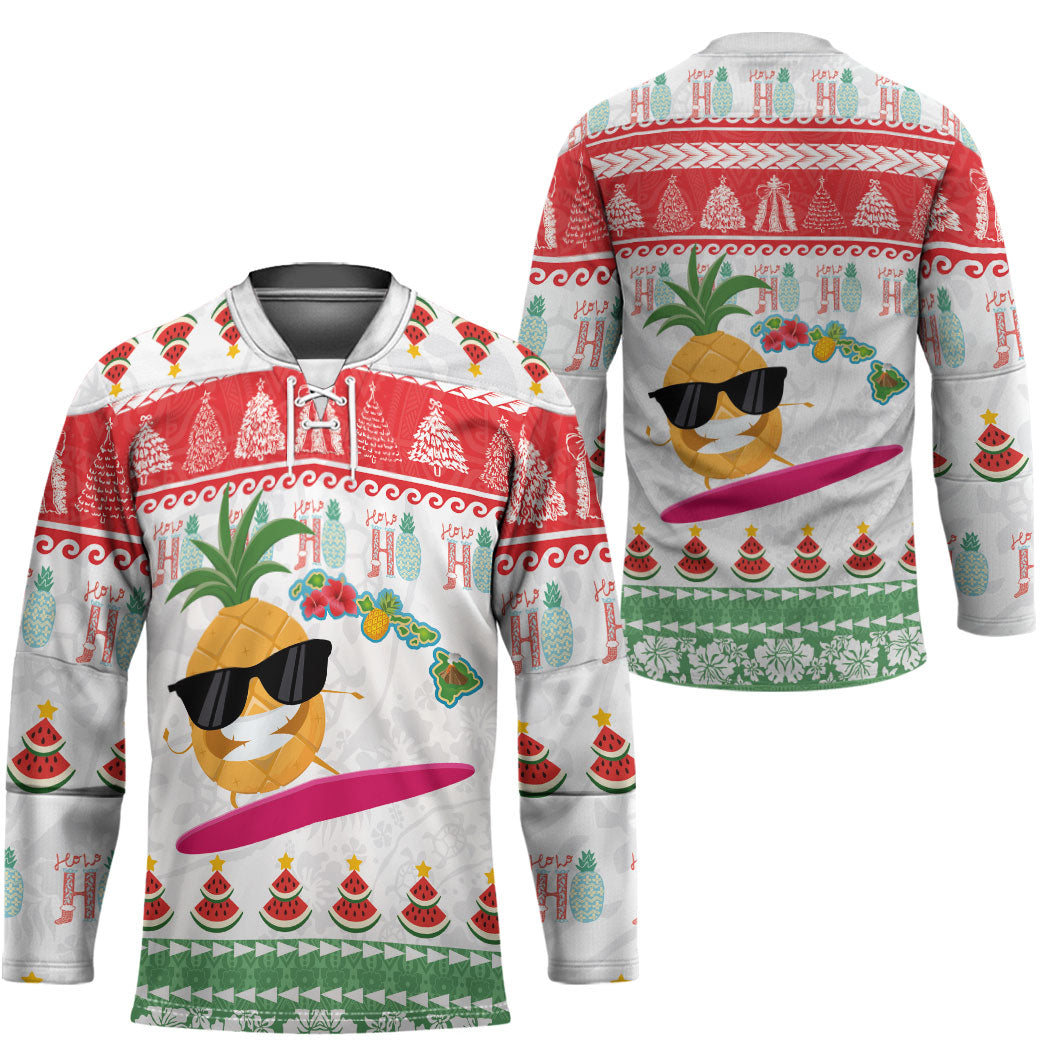 Hawaiian Mele Kalikimaka Hockey Jersey Funny Pineapple Surfing with Map Christmas Stripe Elements LT03 - Polynesian Pride