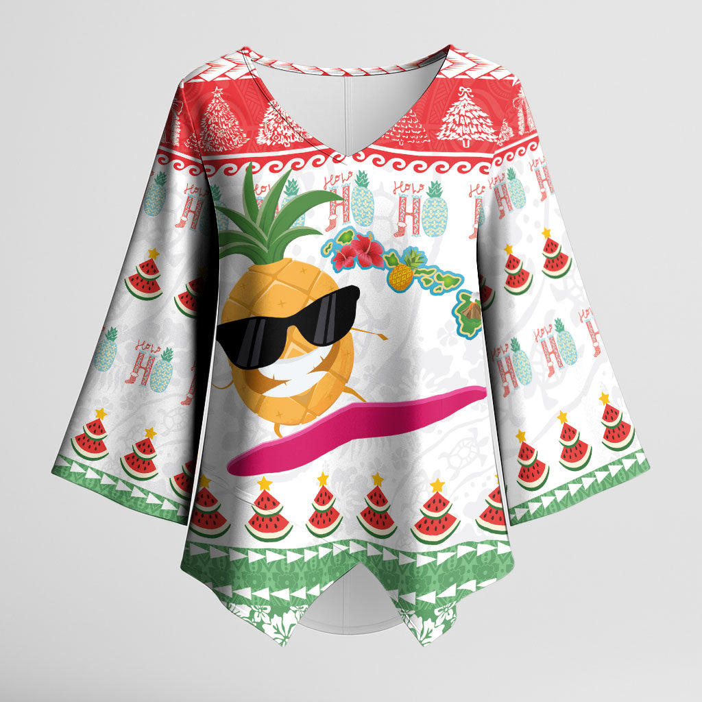 Hawaiian Mele Kalikimaka Kimono Sleeve Blouse Funny Pineapple Surfing with Map Christmas Stripe Elements LT03 Female Multicolor - Polynesian Pride