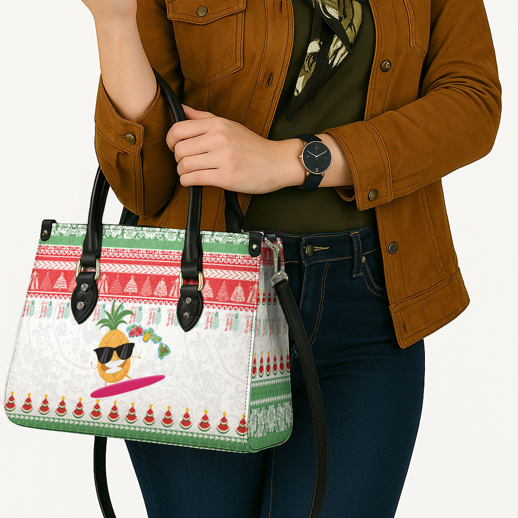 Hawaiian Mele Kalikimaka Leather Bag Funny Pineapple Surfing with Map Christmas Stripe Elements LT03 - Polynesian Pride