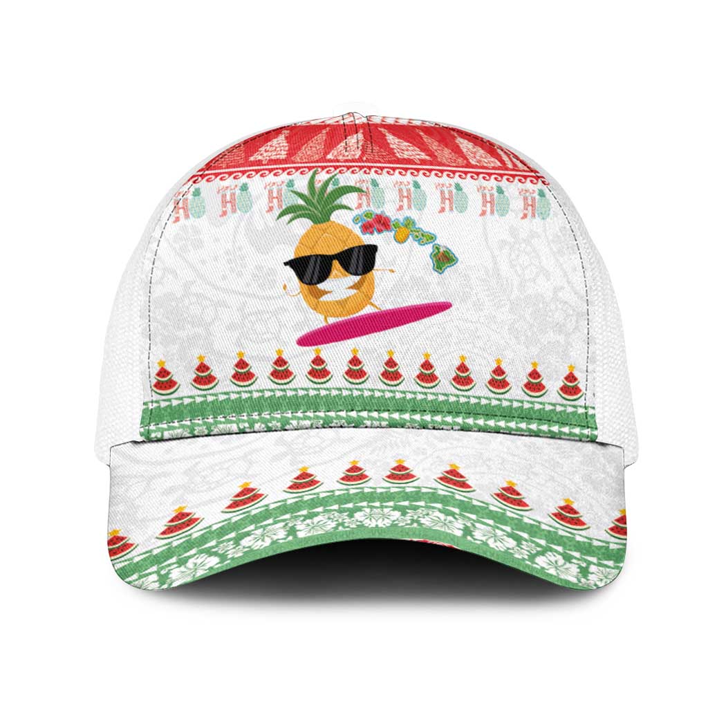 Hawaiian Mele Kalikimaka Mesh Trucker Cap Funny Pineapple Surfing with Map Christmas Stripe Elements LT03 One Size White Multicolor - Polynesian Pride