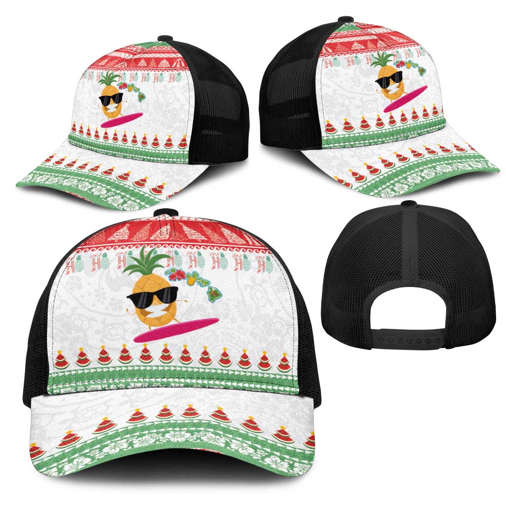 Hawaiian Mele Kalikimaka Mesh Trucker Cap Funny Pineapple Surfing with Map Christmas Stripe Elements LT03 - Polynesian Pride