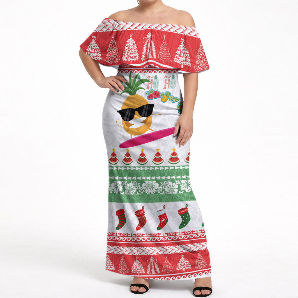 Hawaiian Mele Kalikimaka Off Shoulder Maxi Dress Funny Pineapple Surfing with Map Christmas Stripe Elements LT03 Women Multicolor - Polynesian Pride