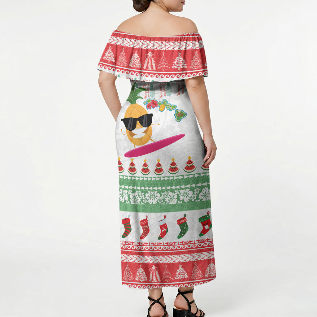 Hawaiian Mele Kalikimaka Off Shoulder Maxi Dress Funny Pineapple Surfing with Map Christmas Stripe Elements LT03 - Polynesian Pride