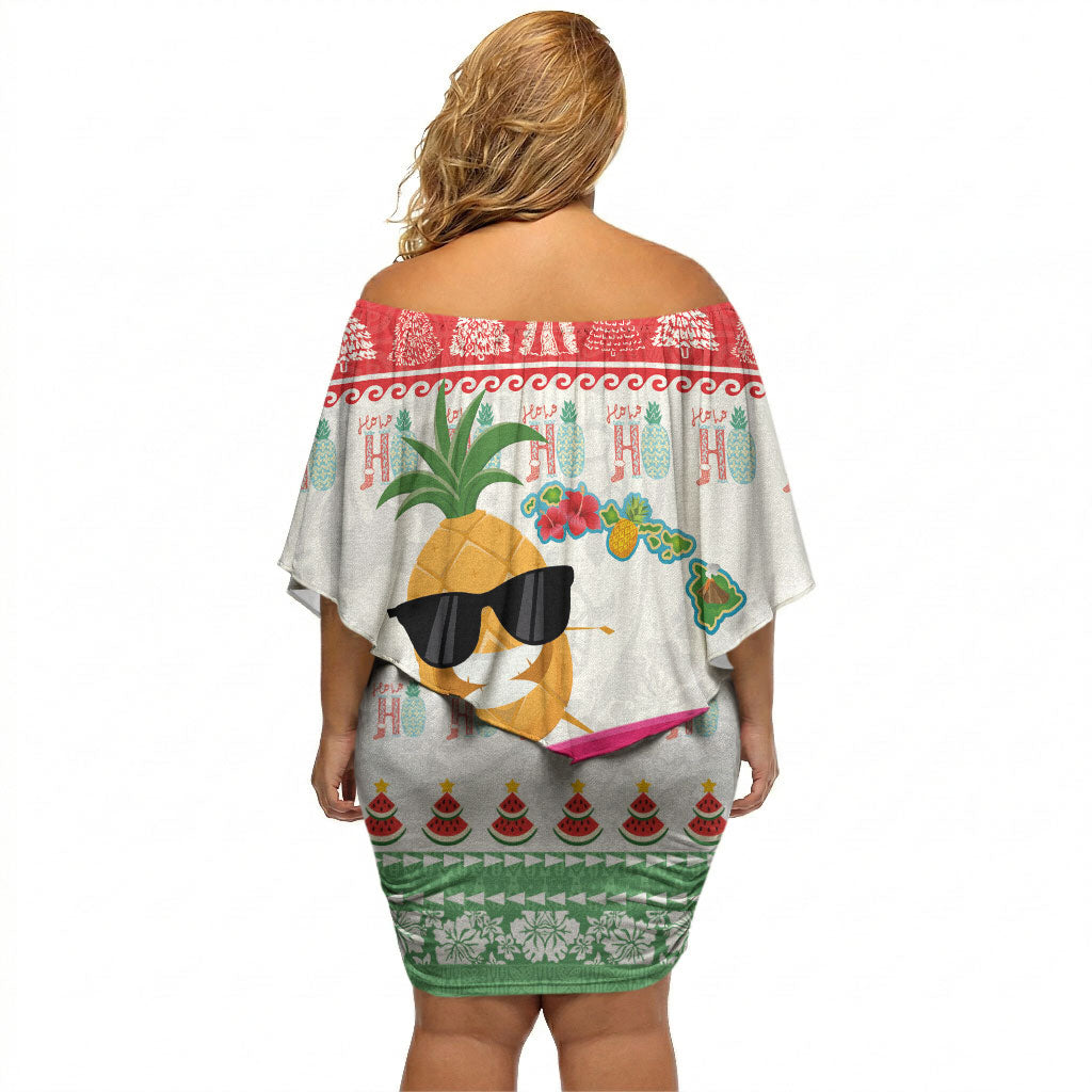 Hawaiian Mele Kalikimaka Off Shoulder Short Dress Funny Pineapple Surfing with Map Christmas Stripe Elements LT03 - Polynesian Pride