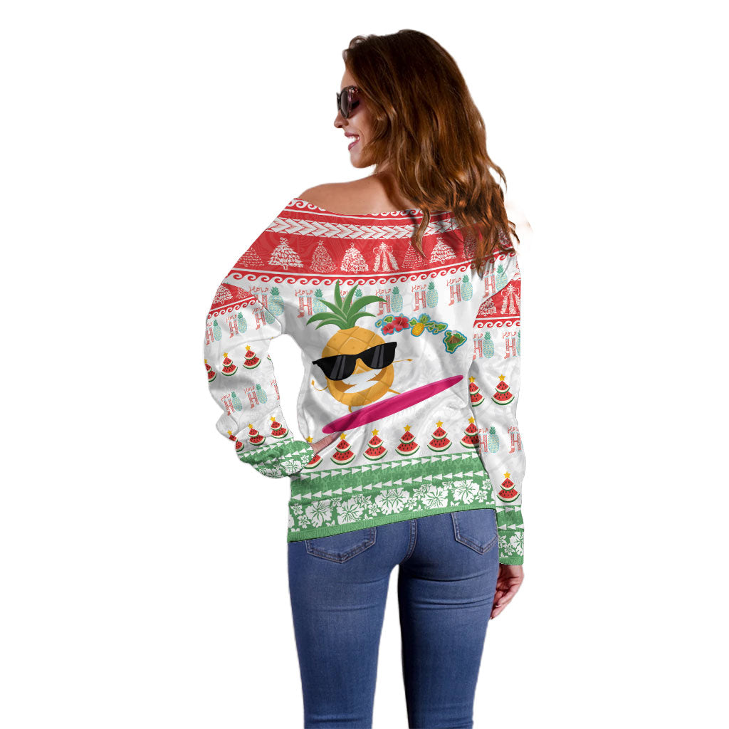 Hawaiian Mele Kalikimaka Off Shoulder Sweater Funny Pineapple Surfing with Map Christmas Stripe Elements LT03 - Polynesian Pride