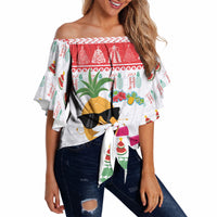 Hawaiian Mele Kalikimaka Off Shoulder Wrap Waist Top Funny Pineapple Surfing with Map Christmas Stripe Elements LT03 Multicolor - Polynesian Pride