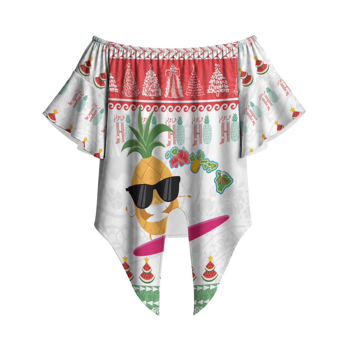 Hawaiian Mele Kalikimaka Off Shoulder Wrap Waist Top Funny Pineapple Surfing with Map Christmas Stripe Elements LT03 - Polynesian Pride