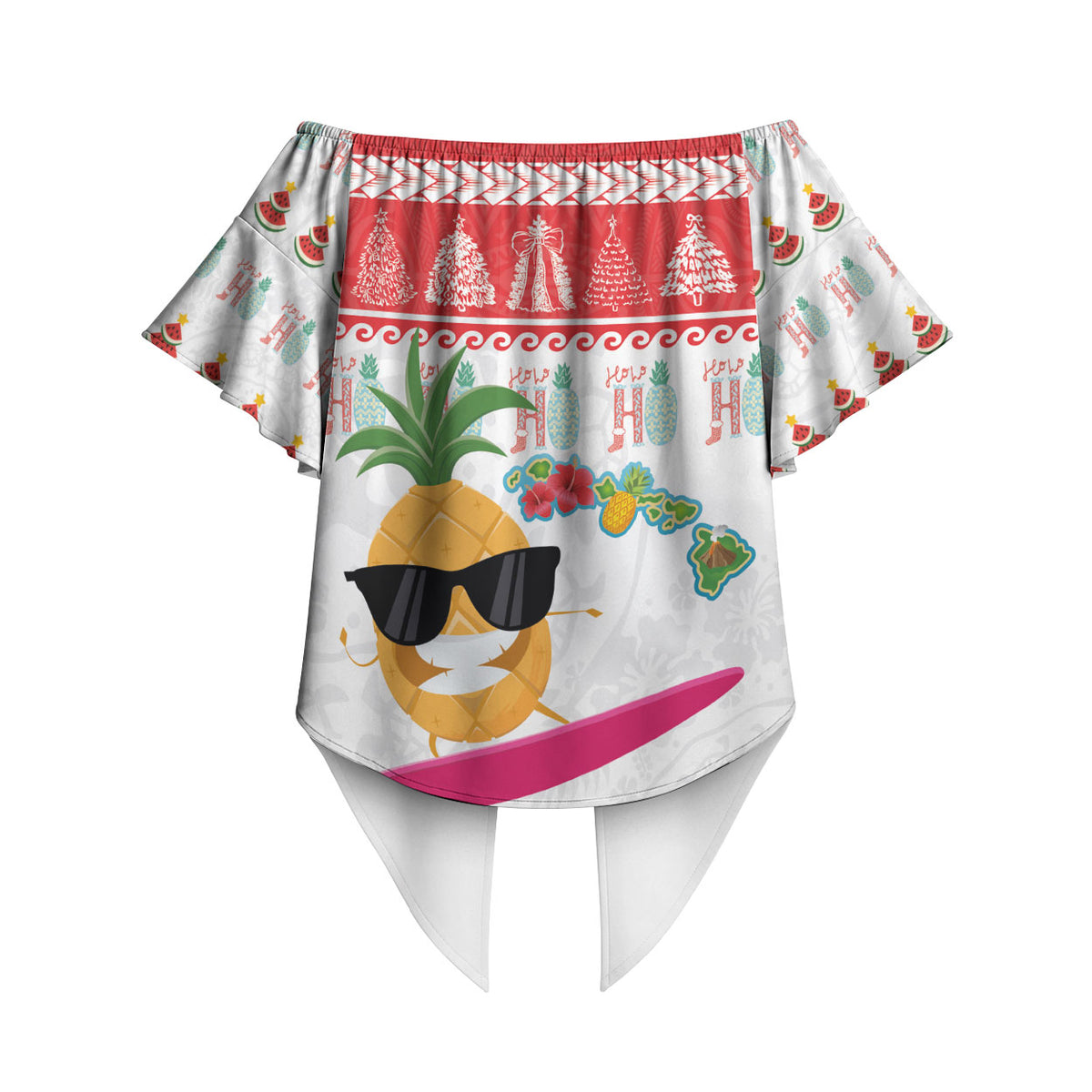 Hawaiian Mele Kalikimaka Off Shoulder Wrap Waist Top Funny Pineapple Surfing with Map Christmas Stripe Elements LT03 - Polynesian Pride