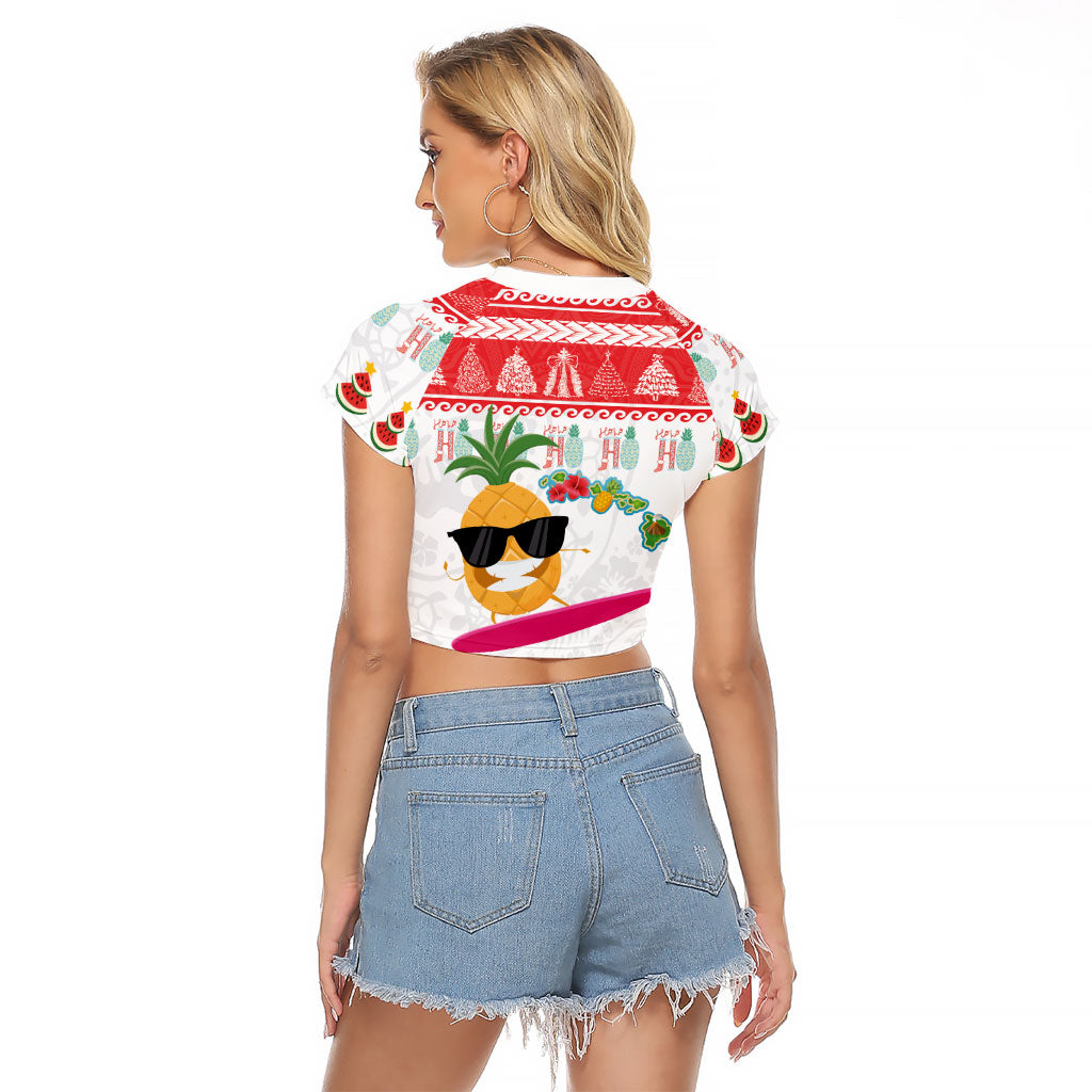 Hawaiian Mele Kalikimaka Raglan Cropped T Shirt Funny Pineapple Surfing with Map Christmas Stripe Elements LT03 - Polynesian Pride