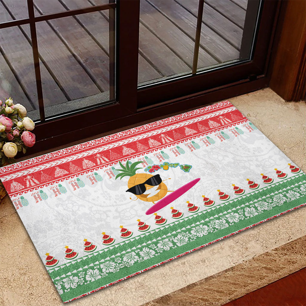 Hawaiian Mele Kalikimaka Rubber Doormat Funny Pineapple Surfing with Map Christmas Stripe Elements LT03 - Polynesian Pride