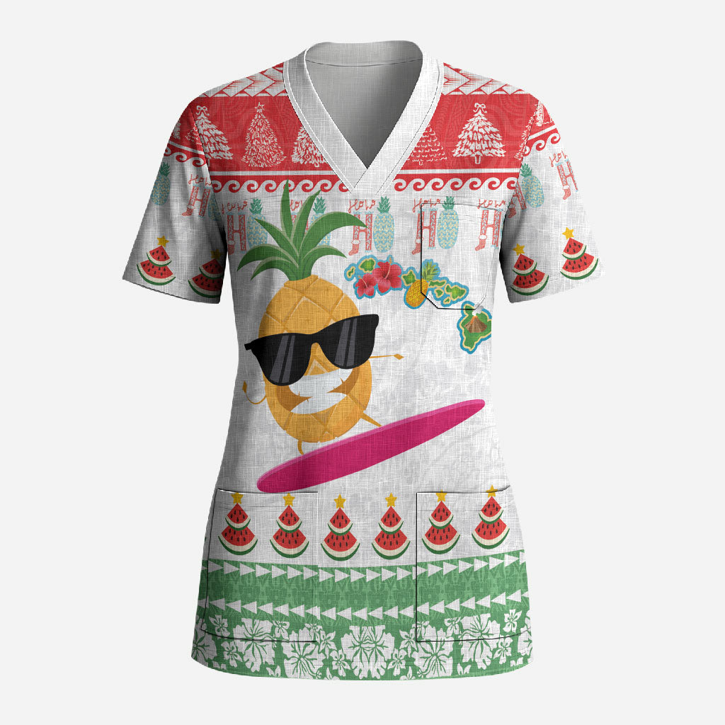 Hawaiian Mele Kalikimaka Scrub Top Funny Pineapple Surfing with Map Christmas Stripe Elements LT03 Adult Multicolor - Polynesian Pride