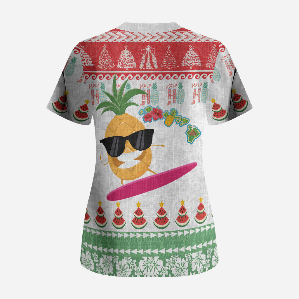 Hawaiian Mele Kalikimaka Scrub Top Funny Pineapple Surfing with Map Christmas Stripe Elements LT03 - Polynesian Pride