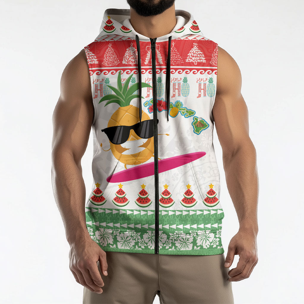 Hawaiian Mele Kalikimaka Sleeveless Zip Hoodie Funny Pineapple Surfing with Map Christmas Stripe Elements LT03 - Polynesian Pride