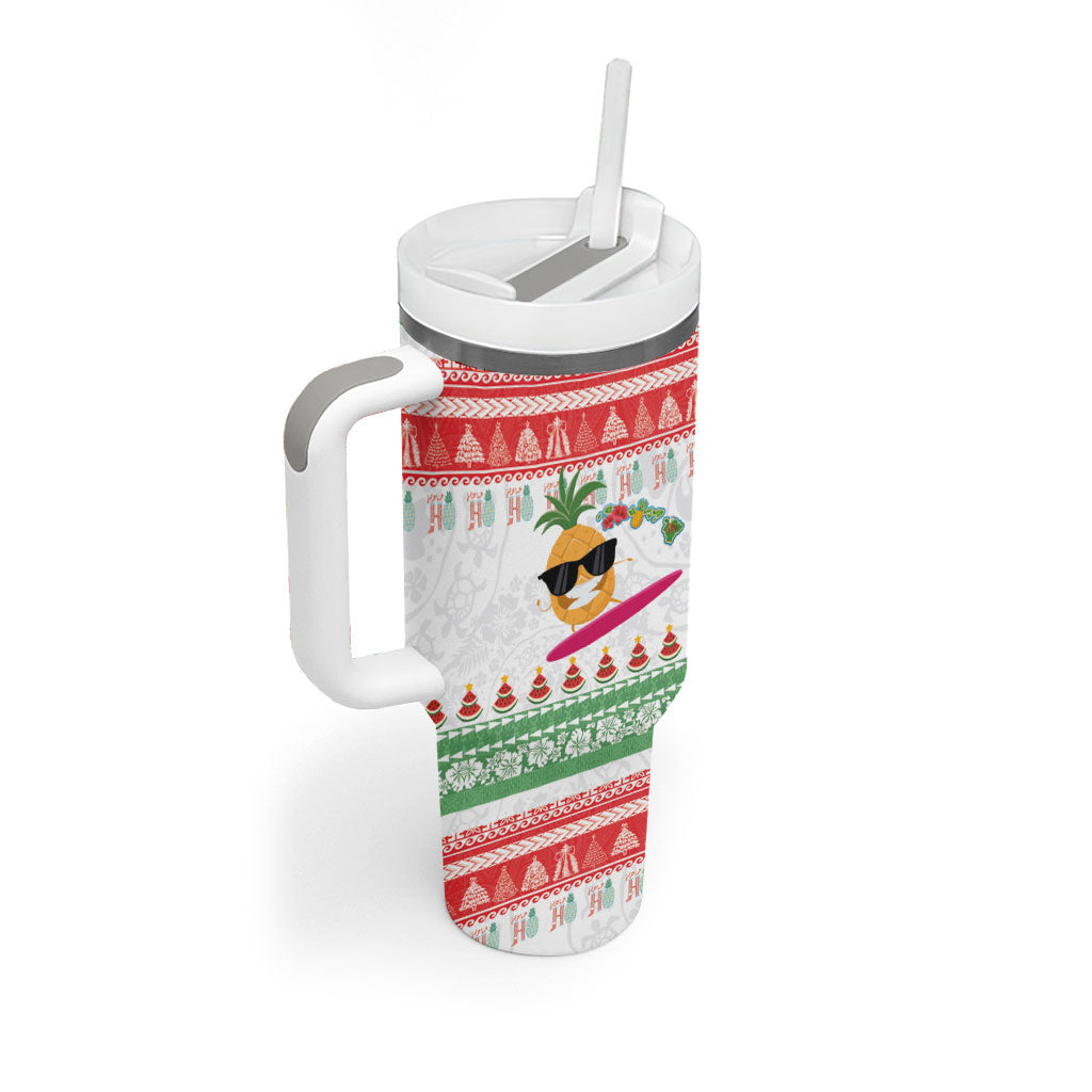 Hawaiian Mele Kalikimaka Tumbler With Handle Funny Pineapple Surfing with Map Christmas Stripe Elements LT03 - Polynesian Pride