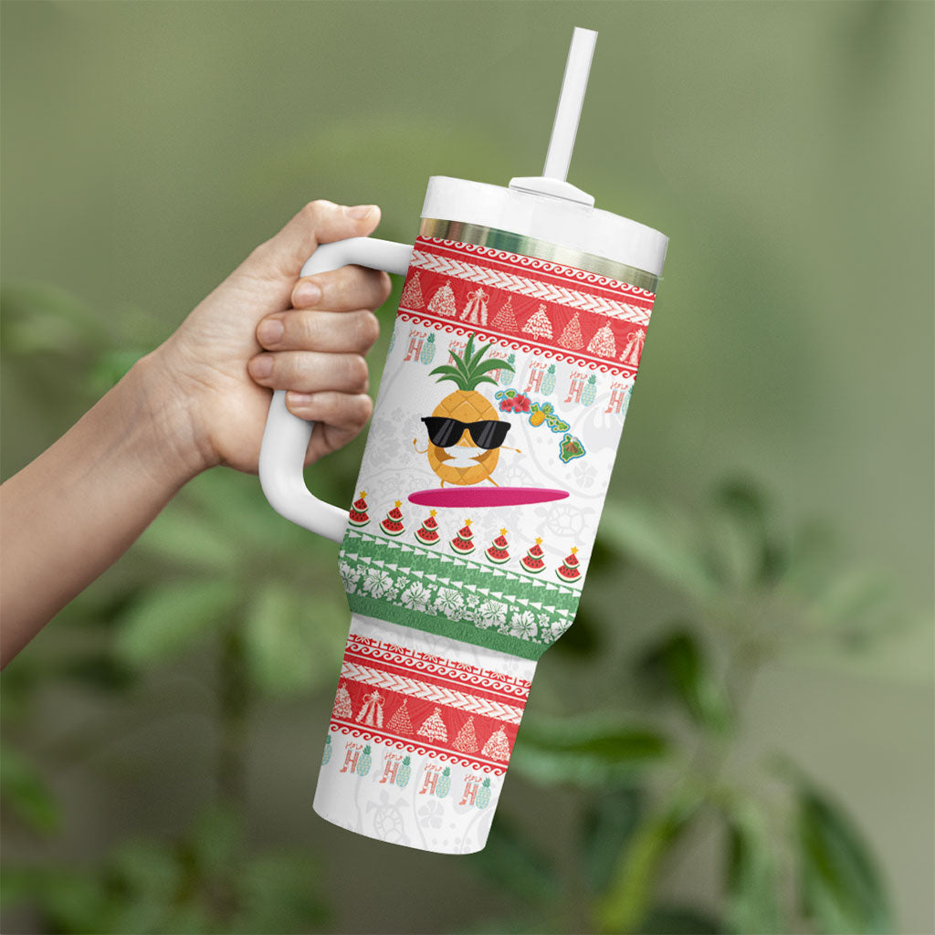 Hawaiian Mele Kalikimaka Tumbler With Handle Funny Pineapple Surfing with Map Christmas Stripe Elements LT03 - Polynesian Pride