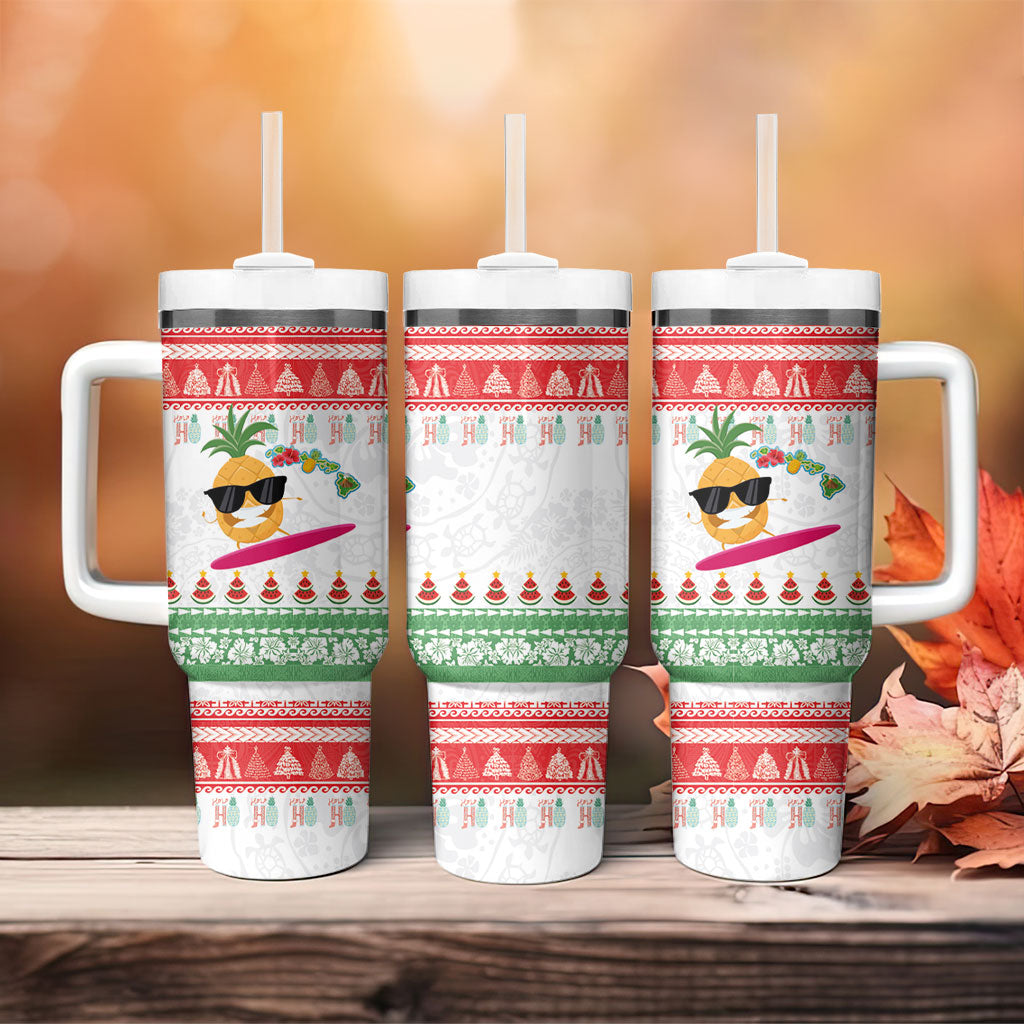 Hawaiian Mele Kalikimaka Tumbler With Handle Funny Pineapple Surfing with Map Christmas Stripe Elements LT03 - Polynesian Pride