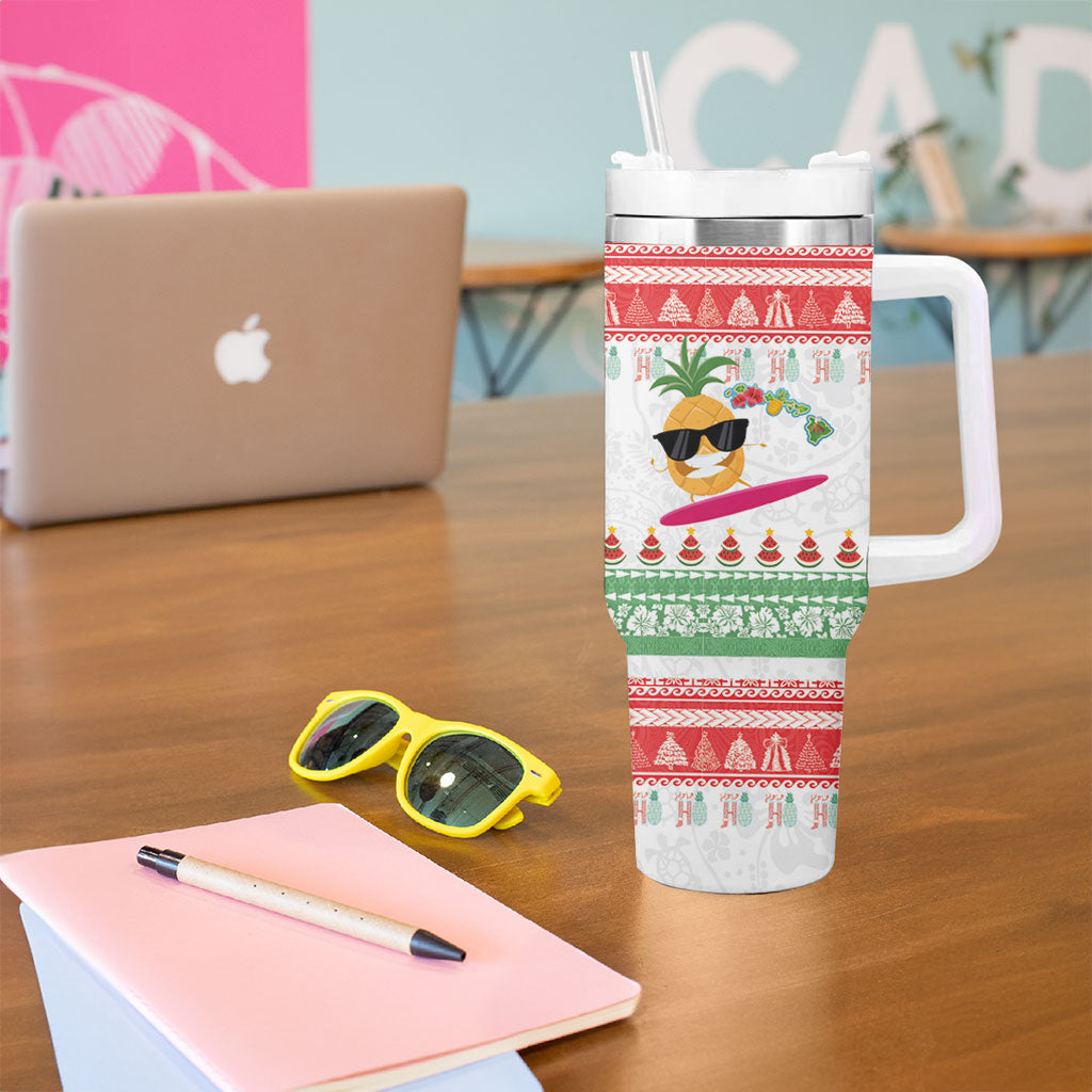 Hawaiian Mele Kalikimaka Tumbler With Handle Funny Pineapple Surfing with Map Christmas Stripe Elements LT03 - Polynesian Pride