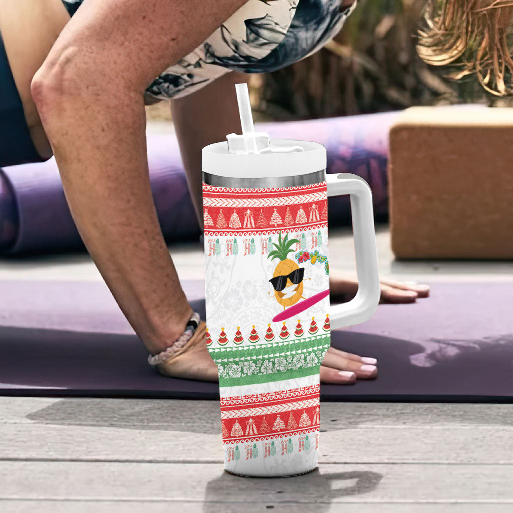 Hawaiian Mele Kalikimaka Tumbler With Handle Funny Pineapple Surfing with Map Christmas Stripe Elements LT03 - Polynesian Pride