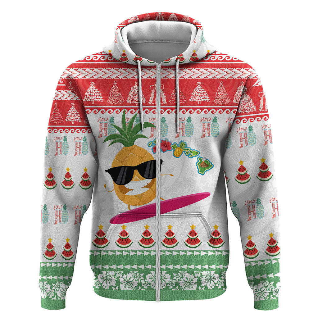 Hawaiian Mele Kalikimaka Zip Hoodie Funny Pineapple Surfing with Map Christmas Stripe Elements LT03 Zip Hoodie Multicolor - Polynesian Pride