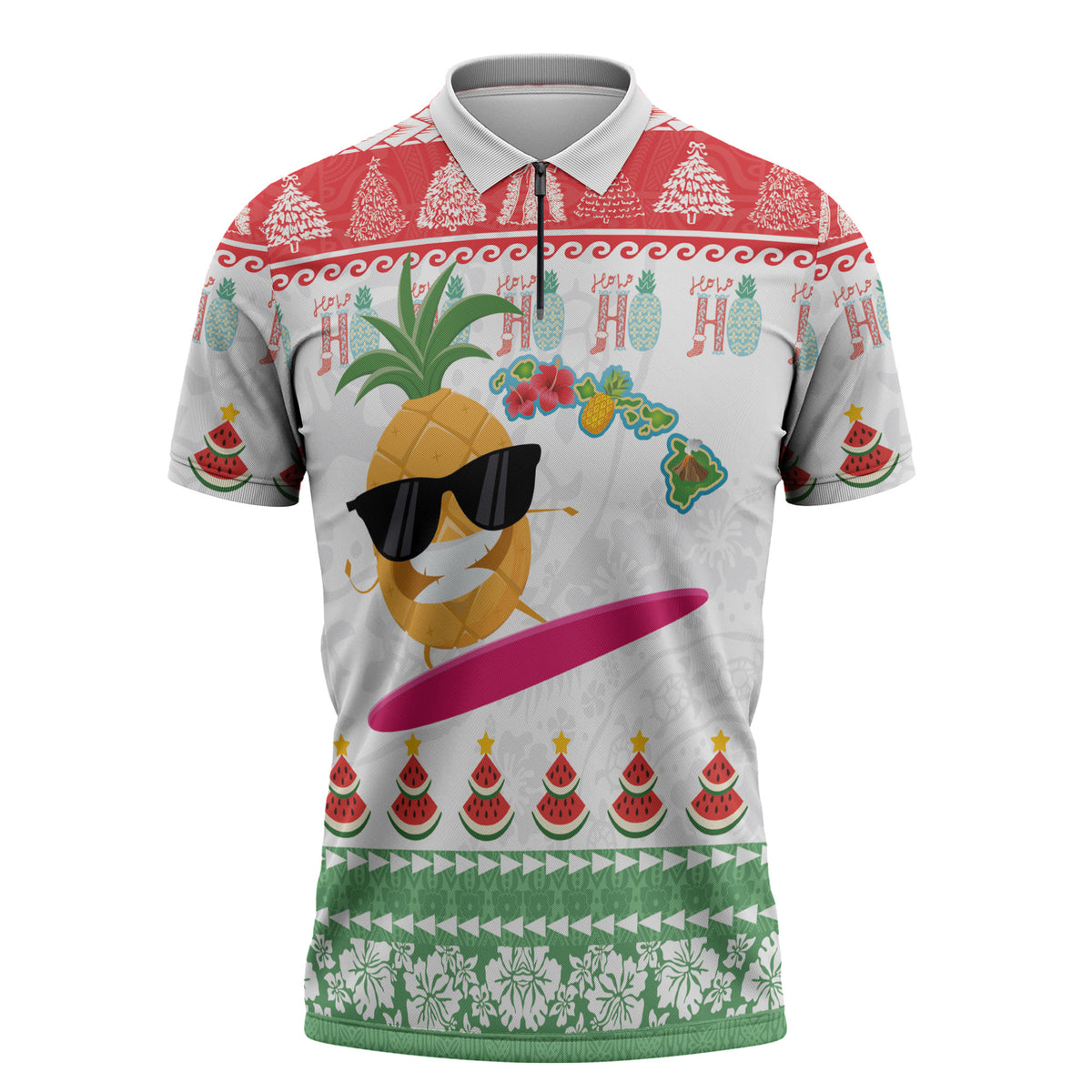 Hawaiian Mele Kalikimaka Zipper Polo Shirt Funny Pineapple Surfing with Map Christmas Stripe Elements LT03 Multicolor - Polynesian Pride