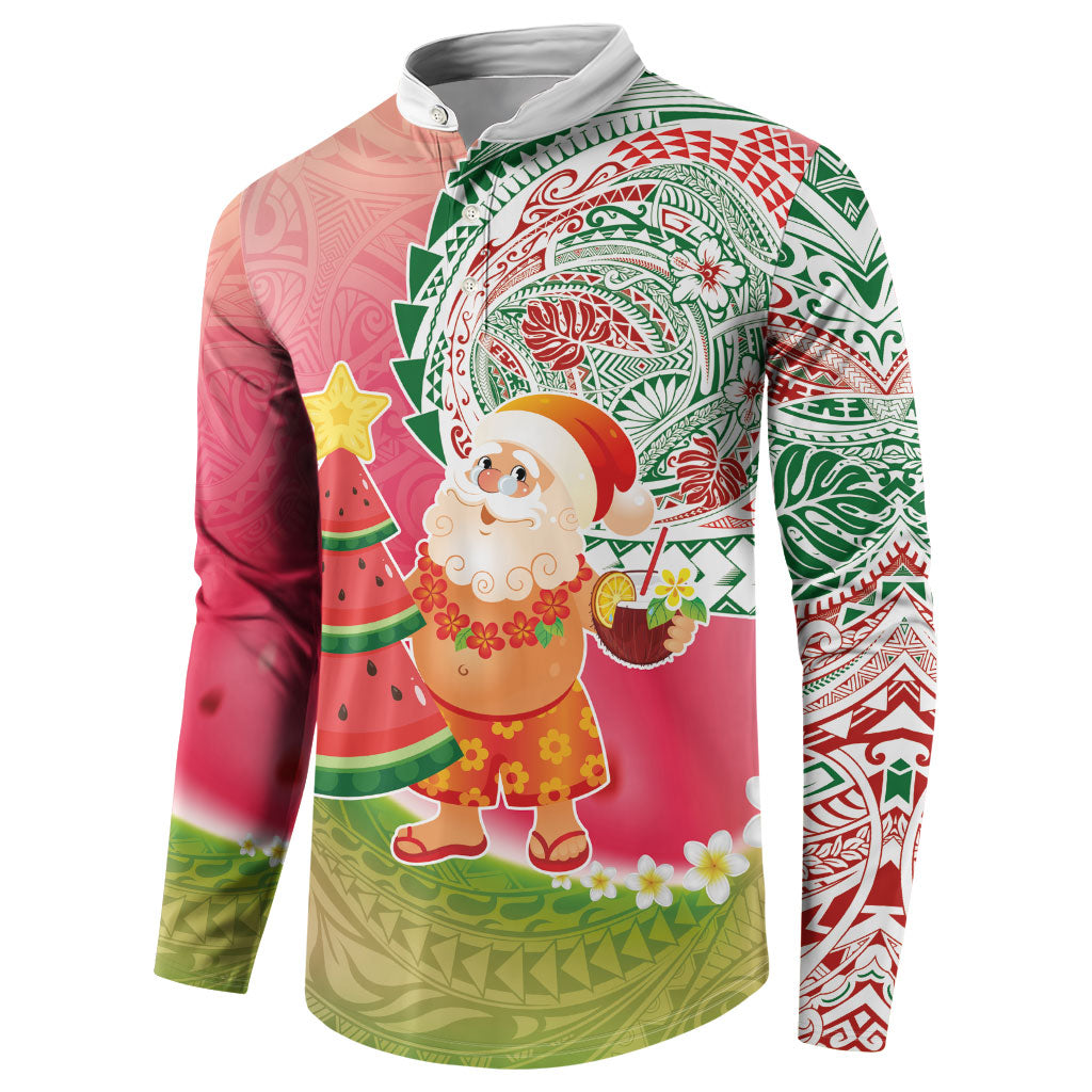 Hawaiian Watermelon Mele Kalikimaka Button Sweatshirt Tropical Tribal Pattern with Funny Santa Claus LT03 - Polynesian Pride