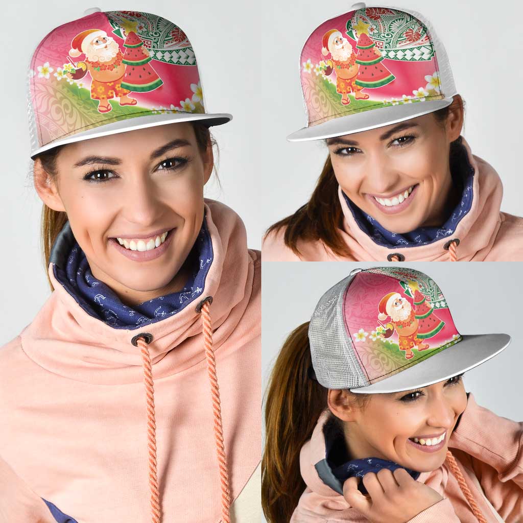 Hawaiian Watermelon Mele Kalikimaka Mesh Trucker Cap Tropical Tribal Pattern with Funny Santa Claus LT03 - Polynesian Pride