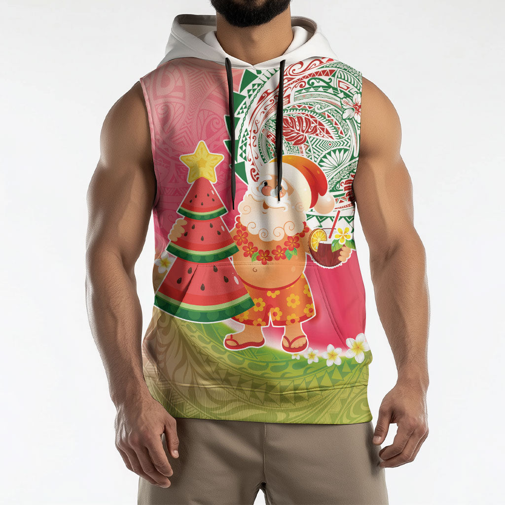 Hawaiian Watermelon Mele Kalikimaka Sleeveless Hoodie Tropical Tribal Pattern with Funny Santa Claus LT03 - Polynesian Pride