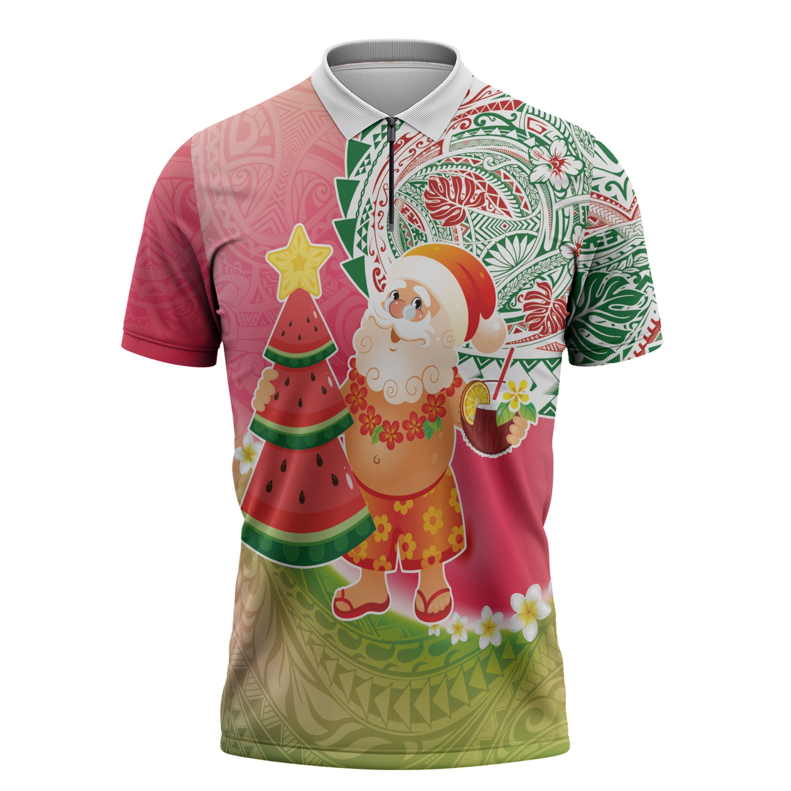 Hawaiian Watermelon Mele Kalikimaka Zipper Polo Shirt Tropical Tribal Pattern with Funny Santa Claus LT03 Multicolor - Polynesian Pride
