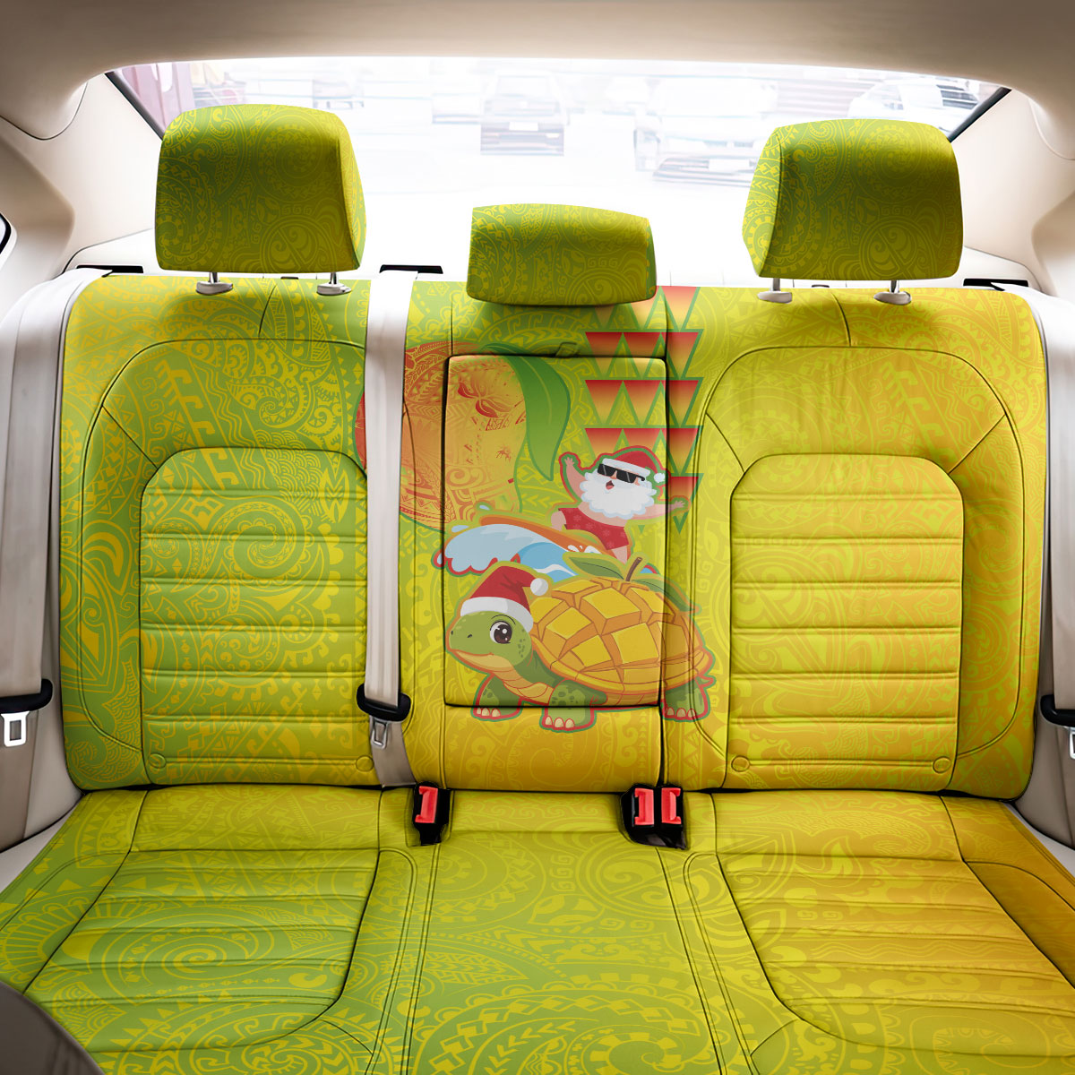 Hawaiian Mango Mele Kalikimaka Back Car Seat Cover Santa Claus Surfing with Turtle Mango Christmas LT03 - Polynesian Pride