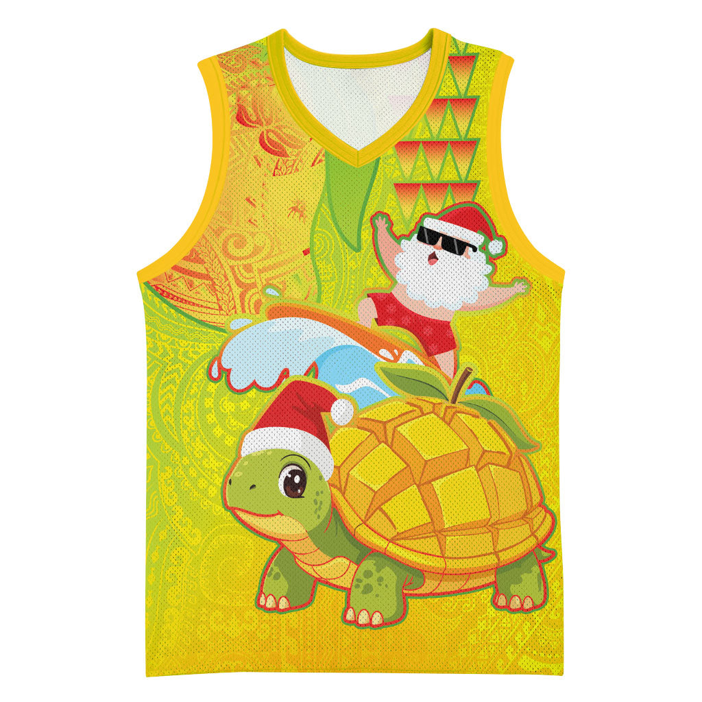 Hawaiian Mango Mele Kalikimaka Basketball Jersey Santa Claus Surfing with Turtle Mango Christmas LT03 Unisex Multicolor - Polynesian Pride