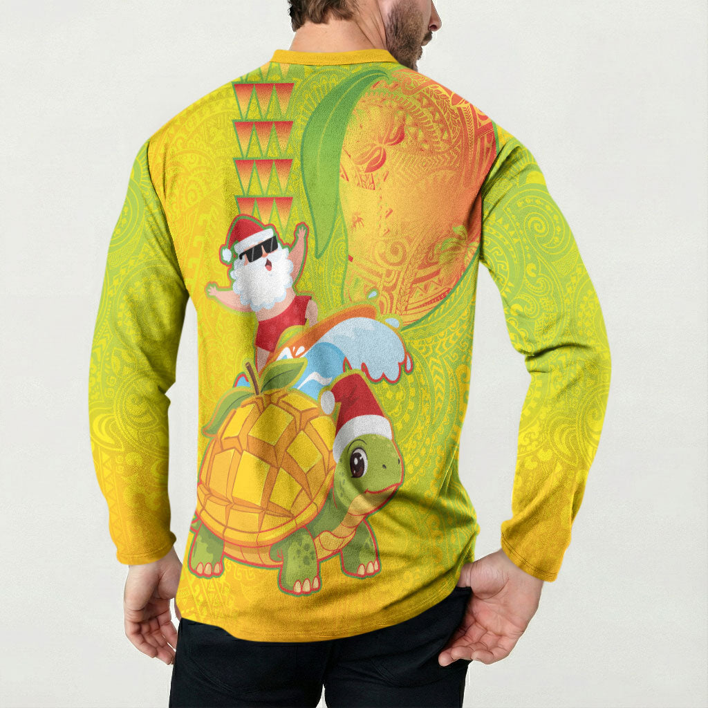 Hawaiian Mango Mele Kalikimaka Button Sweatshirt Santa Claus Surfing with Turtle Mango Christmas LT03 - Polynesian Pride