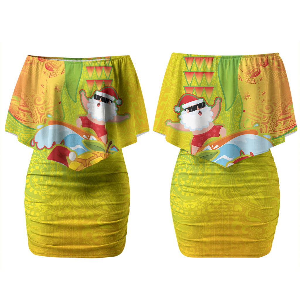 Hawaiian Mango Mele Kalikimaka Couples Matching Off Shoulder Short Dress and Hawaiian Shirt Santa Claus Surfing with Turtle Mango Christmas LT03 - Polynesian Pride
