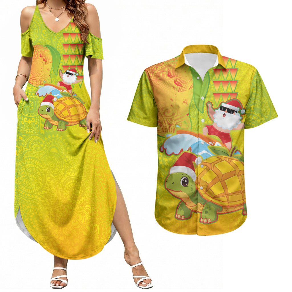 Hawaiian Mango Mele Kalikimaka Couples Matching Summer Maxi Dress and Hawaiian Shirt Santa Claus Surfing with Turtle Mango Christmas LT03 Multicolor - Polynesian Pride