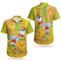 Hawaiian Mango Mele Kalikimaka Couples Matching Tank Maxi Dress and Hawaiian Shirt Santa Claus Surfing with Turtle Mango Christmas LT03 - Polynesian Pride