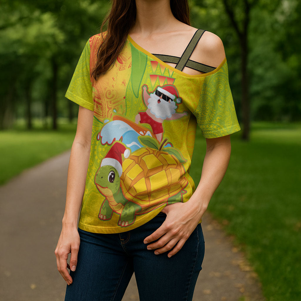 Hawaiian Mango Mele Kalikimaka Cross Shoulder Shirt Santa Claus Surfing with Turtle Mango Christmas LT03 - Polynesian Pride