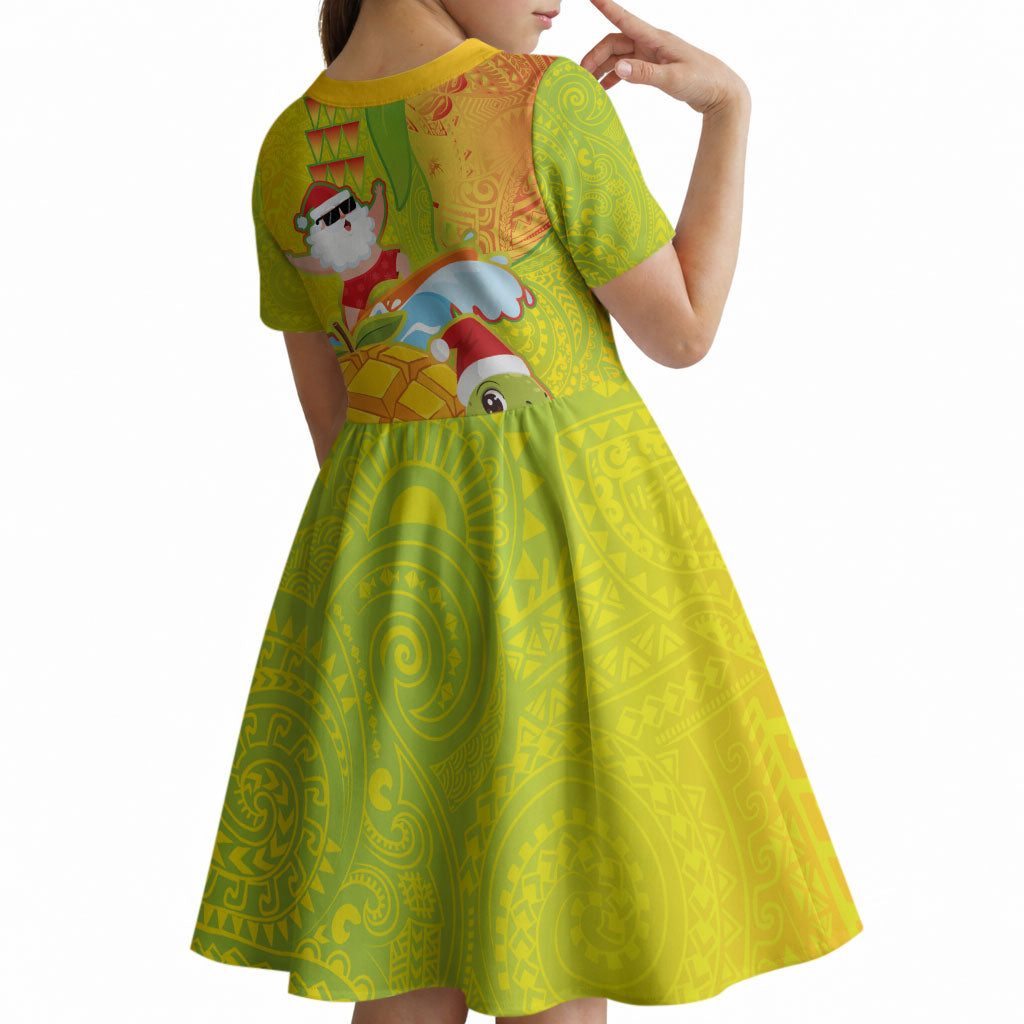 Hawaiian Mango Mele Kalikimaka Kid Short Sleeve Dress Santa Claus Surfing with Turtle Mango Christmas LT03 - Polynesian Pride