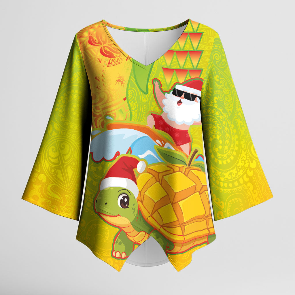 Hawaiian Mango Mele Kalikimaka Kimono Sleeve Blouse Santa Claus Surfing with Turtle Mango Christmas LT03 Female Multicolor - Polynesian Pride